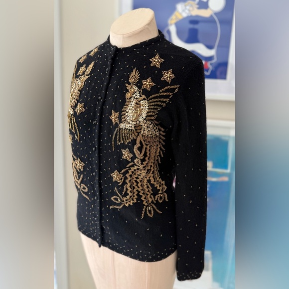 Vintage 70s Gold Beaded Embellished Black Cardigan - S - Picture 6 of 13
